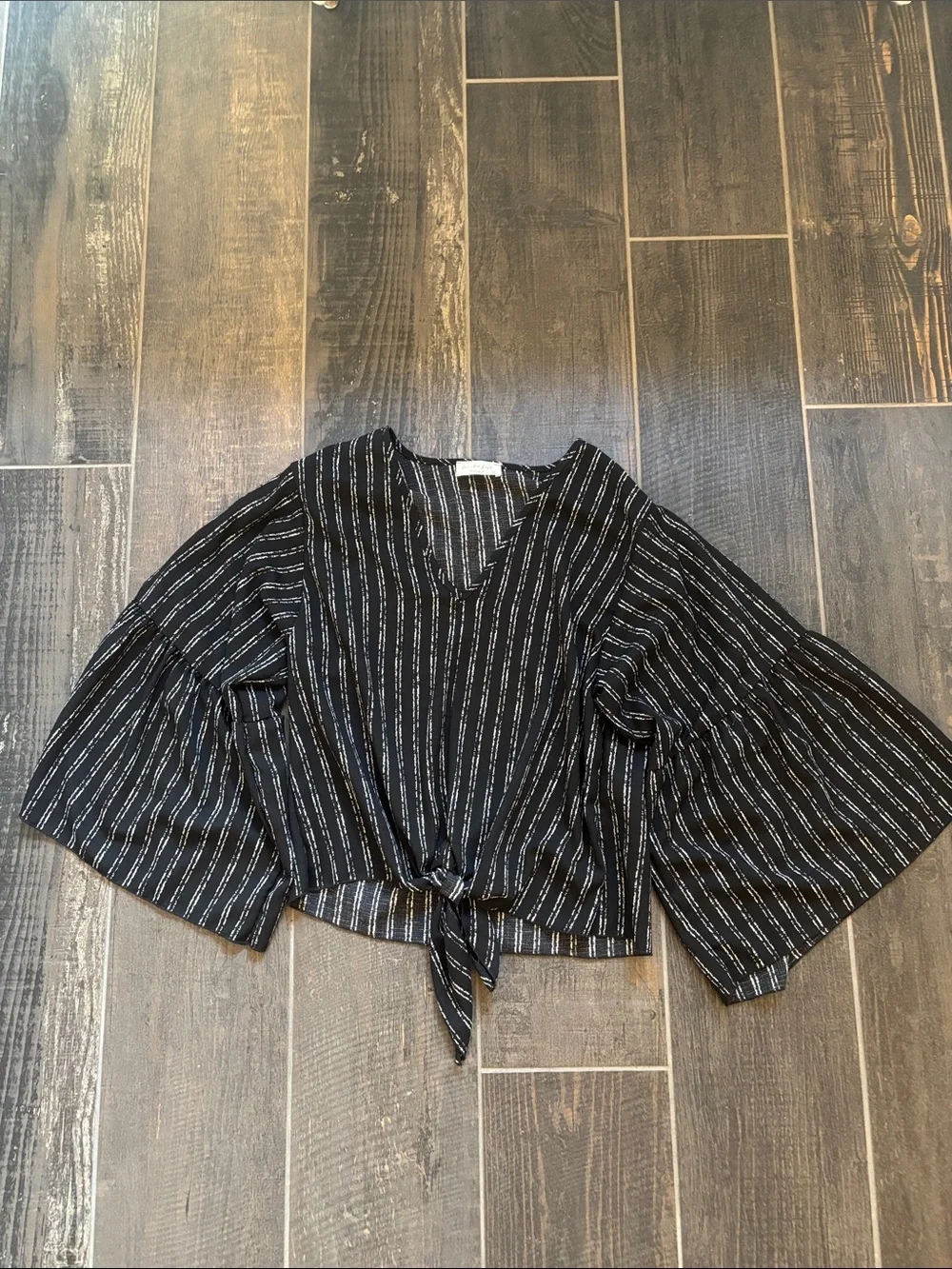 lavender field Black Striped Tie-Front V-Neck Blouse